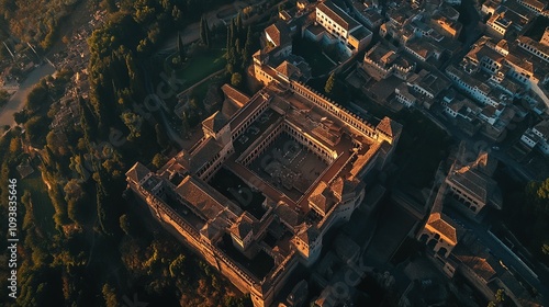 erial view of the historic Alhambra palace at sunset in Granada, Andalusia, Spain. The ancient Arabic fortress Alhambra during the beautiful evening. Aerial drone footage of Granada cityscape  photo