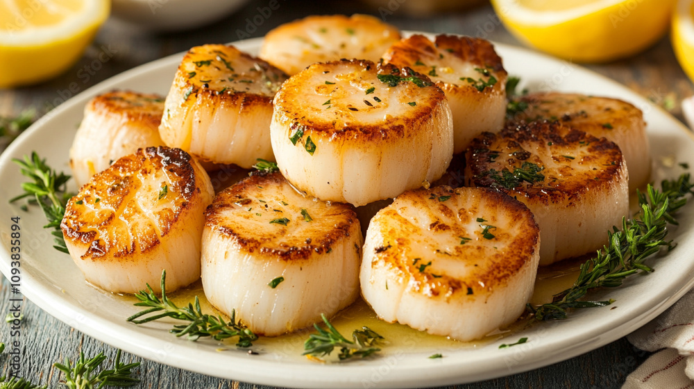 seared scallops served on a pristine white plate, showcasing their golden crust and tender interior with delicate garnishes for an elegant dining experience seared scallops served on a pristine white plate, showcasing their golden crust and tender interior with delicate garnishes for an elegant dining experience