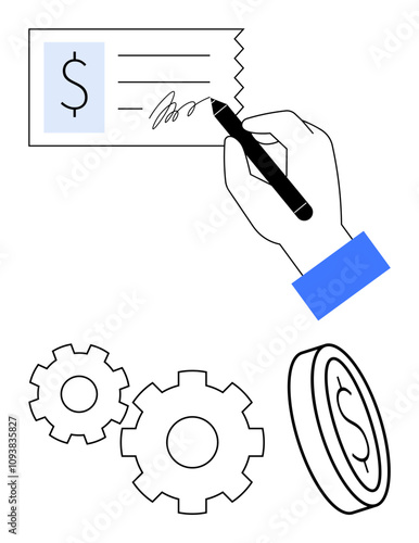 Hand holding pen, signing a check, accompanied by gears and a coin. Ideal for finance, banking, business processes, automation, transactions financial management economic growth. Line metaphor