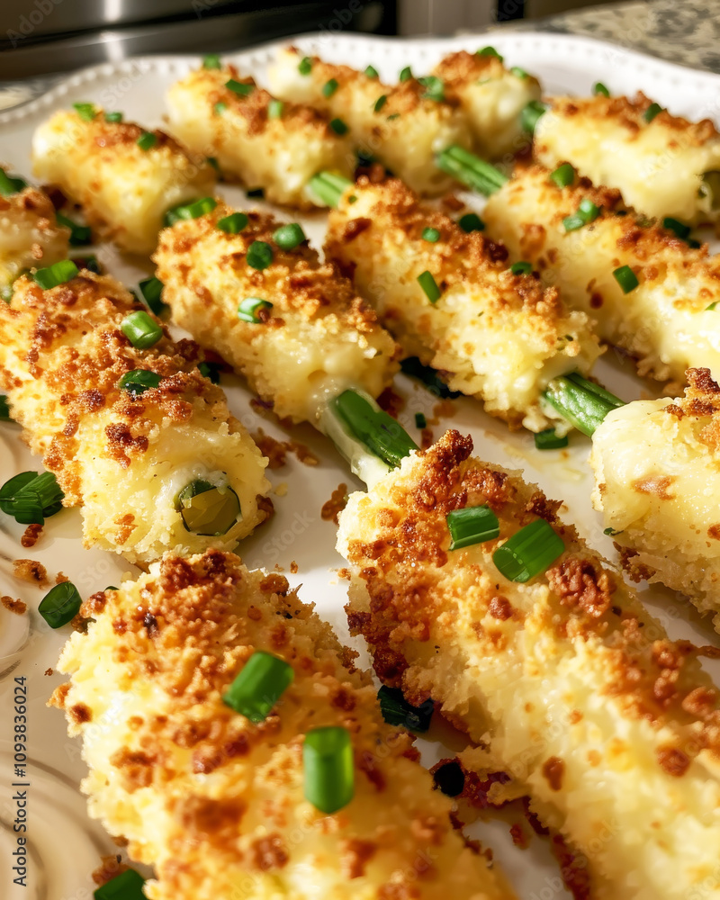 Close-up of Crispy Parmesan Breaded Green Bean Appetizers Arranged on a White Platter Close-up of Crispy Parmesan Breaded Green Bean Appetizers Arranged on a White Platter