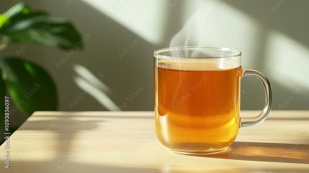 A freshly brewed cup of tea on a sunlit table, steam visible against the gentle sunlight, tea sunlight, home tranquility A freshly brewed cup of tea on a sunlit table, steam visible against the gentle sunlight, tea sunlight, home tranquility