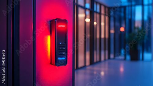 3D Render of Access Control Panel in Office Building at Night photo