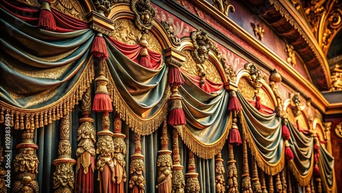 Wallpaper Mural Close-Up Detail of Luxurious Theatre Curtain Trimmings Textile Showcasing Intricate Patterns and Rich Textures in an Urban Exploration Photography Style Torontodigital.ca