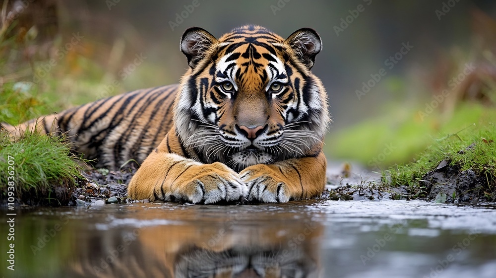 Majestic Bengal Tiger Relaxing by Jungle River with Vivid Stripes and Glowing Sunlight Majestic Bengal Tiger Relaxing by Jungle River with Vivid Stripes and Glowing Sunlight