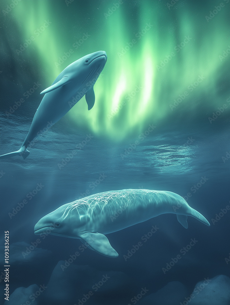 Fototapeta premium Beluga Whales in Arctic Waters: Aurora Borealis Above in HD