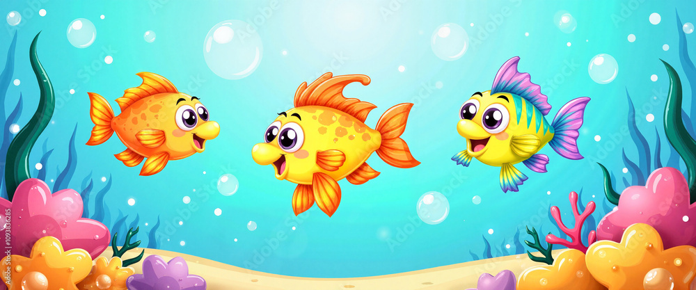 Fototapeta premium Colorful cartoon fish swim in vibrant underwater scene, childlike joy