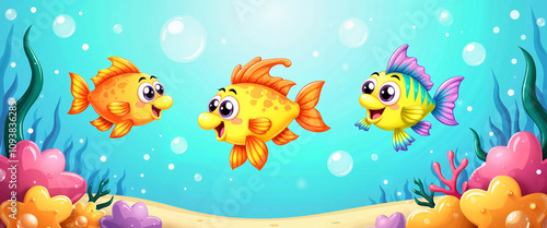 Colorful cartoon fish swim in vibrant underwater scene, childlike joy