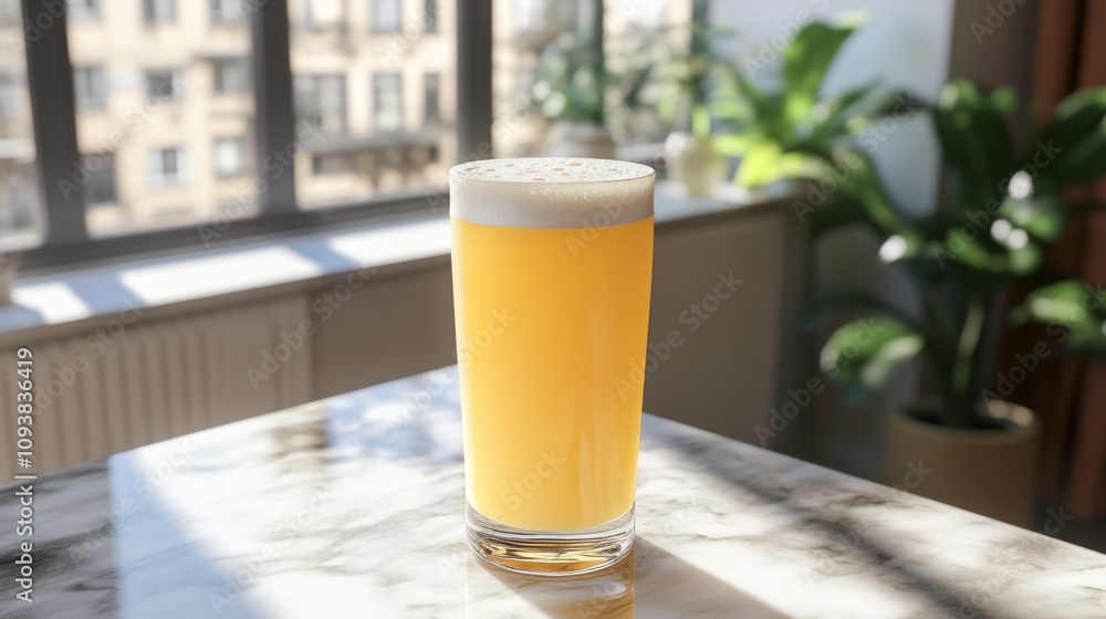 Refreshing Glass of Light Beer on Marble Table with Natural Light and Indoor Plants in Background, Perfect for Café or Home Bar Setting Refreshing Glass of Light Beer on Marble Table with Natural Light and Indoor Plants in Background, Perfect for Café or Home Bar Setting
