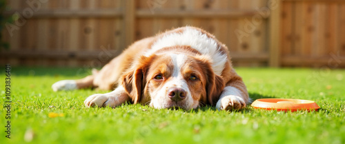 Overweight dog lounging on sunny lawn, animal obesity awareness