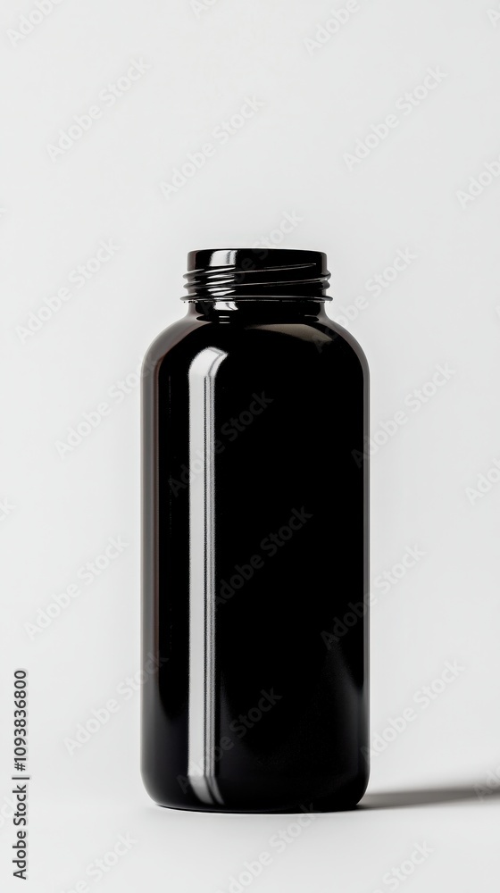 A sleek black bottle against a neutral background, emphasizing its glossy finish and modern design. A sleek black bottle against a neutral background, emphasizing its glossy finish and modern design.