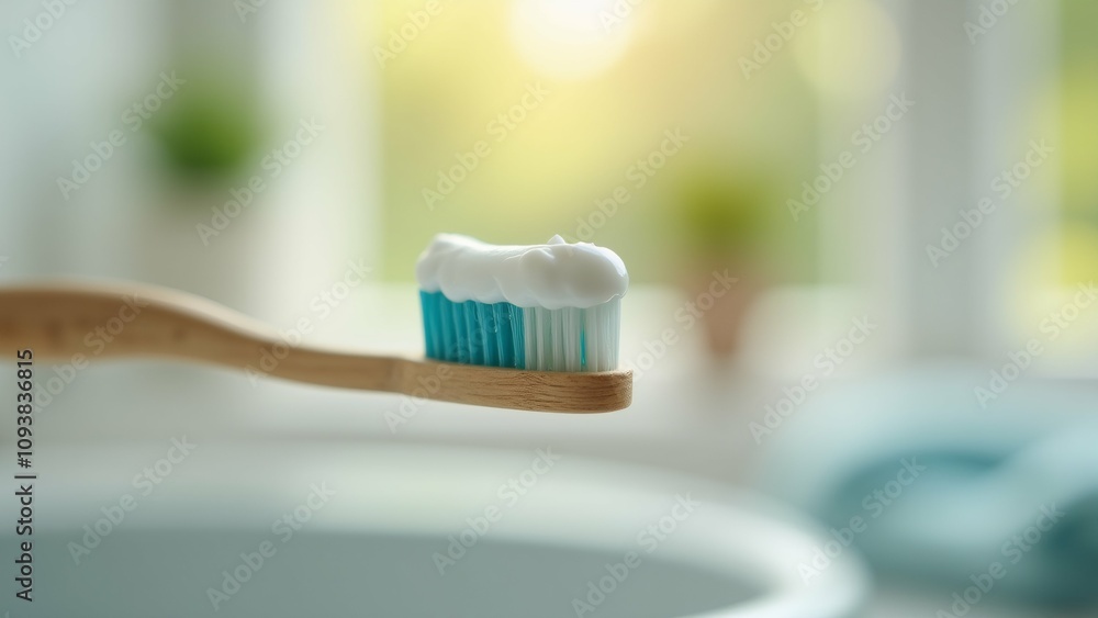 The image shows a toothbrush with blue bristles and a white toothpaste on top. The toothbrush is resting on a white sink with a window in the background. The image shows a toothbrush with blue bristles and a white toothpaste on top. The toothbrush is resting on a white sink with a window in the background.