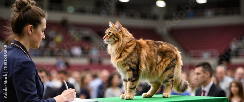 Long-haired cat on judging platform at show, feline beauty