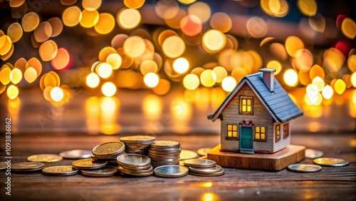 Wallpaper Mural Close-Up Night Photography of a Miniature House Surrounded by Coins on a Table, Showcasing Real Estate Investment Concepts in a Captivating Setting Torontodigital.ca
