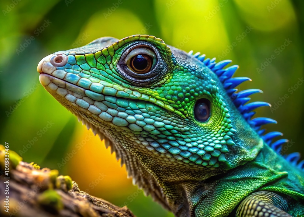 Fototapeta premium Close-Up of a Colorful Green and Blue Male Lizard in Its Natural Habitat, Showcasing the Intricate Patterns and Textures of Its Scales in Stunning Detail and Vibrant Colors