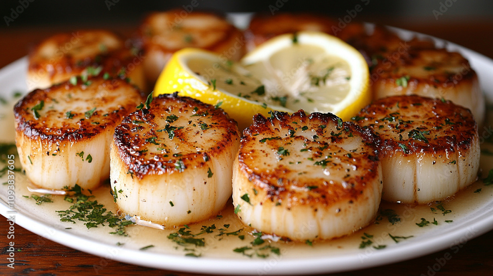seared scallops served on a pristine white plate, showcasing their golden crust and tender interior with delicate garnishes for an elegant dining experience seared scallops served on a pristine white plate, showcasing their golden crust and tender interior with delicate garnishes for an elegant dining experience