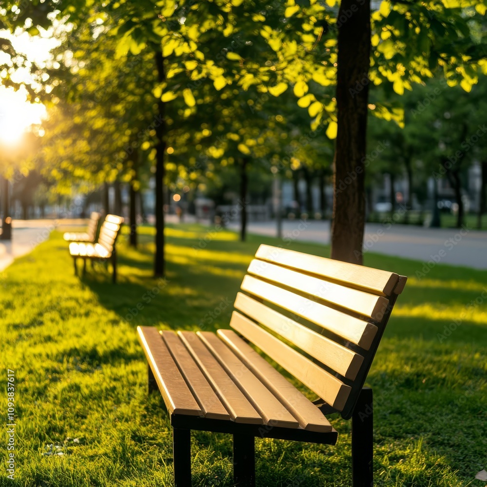 Naklejka premium A serene city park under gentle sunlight, trees and benches subtly highlighted, park sunlight, urban peace