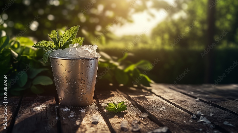 A refreshing mint julep served in a frosty silver cup with crushed ice and fresh mint. The drink is placed on a weathered wooden porch with ice scattered around and sun-drenched greenery A refreshing mint julep served in a frosty silver cup with crushed ice and fresh mint. The drink is placed on a weathered wooden porch with ice scattered around and sun-drenched greenery