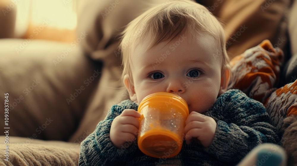 Cute baby drinking from a colorful sippy cup Cute baby drinking from a colorful sippy cup