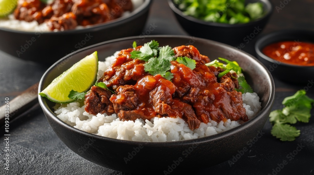 Delicious bowl of savory beef stew served over fluffy white rice, garnished with fresh cilantro, lime slices, and a side of spicy sauce, perfect for food lovers and culinary enthusiasts. Delicious bowl of savory beef stew served over fluffy white rice, garnished with fresh cilantro, lime slices, and a side of spicy sauce, perfect for food lovers and culinary enthusiasts.