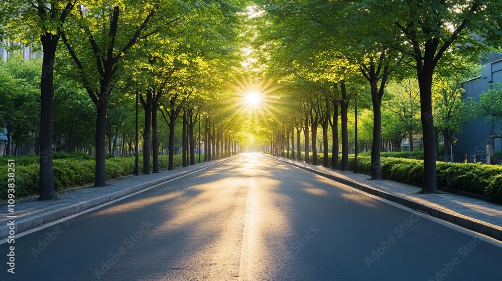 Fototapeta premium A tranquil street lined with trees, sunlight softly illuminating the path and leaves, urban sunlight, city-nature harmony