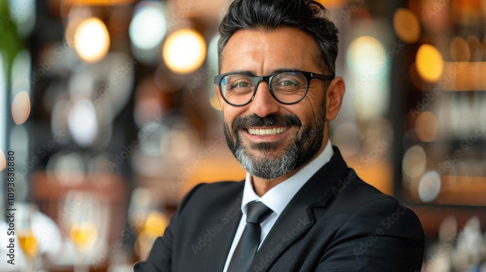 A dapper professional in a suit and glasses sits poised, immersed in a blurred restaurant ambiance, ideal for business dining. A dapper professional in a suit and glasses sits poised, immersed in a blurred restaurant ambiance, ideal for business dining.