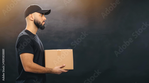 A striking portrayal of a delivery man with a package, illuminated by dramatic lighting on a dark backdrop, emphasizing service.