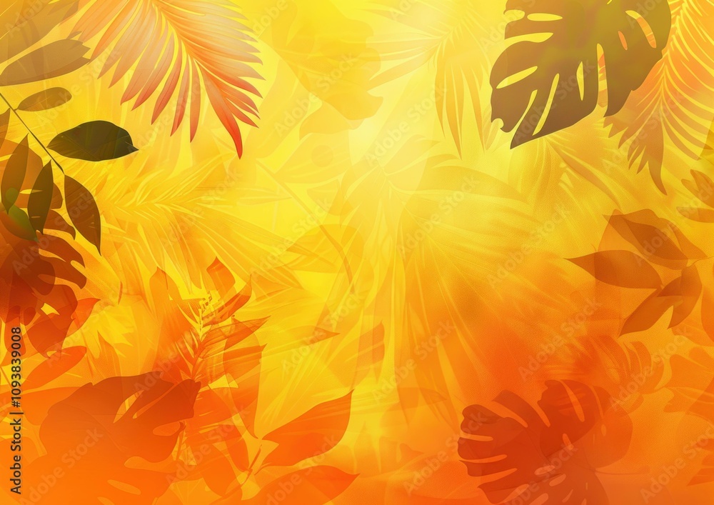 Vibrant tropical foliage background with warm orange and yellow hues, creating a sunny and lively atmosphere with soft leaf silhouettes. Vibrant tropical foliage background with warm orange and yellow hues, creating a sunny and lively atmosphere with soft leaf silhouettes.