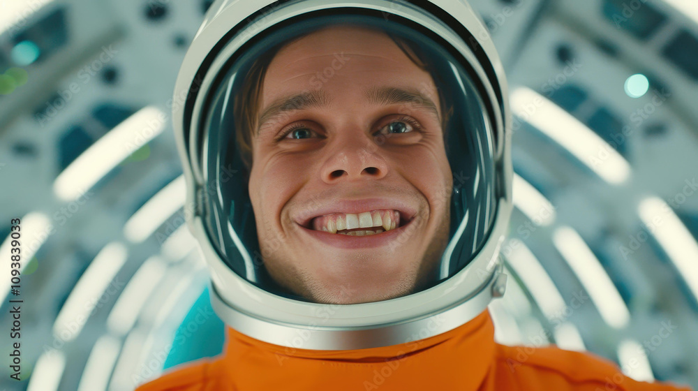 A cheerful astronaut in an orange suit explores the galaxy, embodying the spirit of adventure and discovery in space. A cheerful astronaut in an orange suit explores the galaxy, embodying the spirit of adventure and discovery in space.