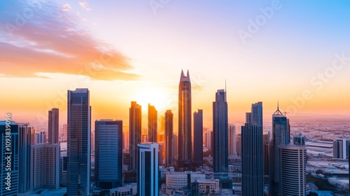 An urban skyline gently lit by moderate sunlight, creating soft contrasts without overexposure, city sunlight, refined metropolitan view photo