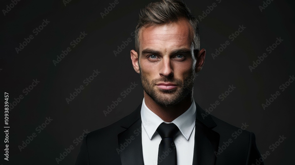 A confident businessman poses on a dark background, showcasing a professional demeanor in a stylish suit. A confident businessman poses on a dark background, showcasing a professional demeanor in a stylish suit.
