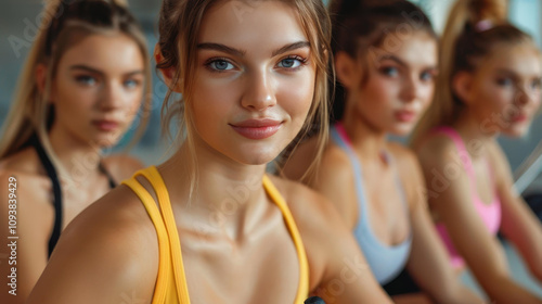 A group of fit young women cycling indoors, showcasing their dedication to fitness and a healthy lifestyle.