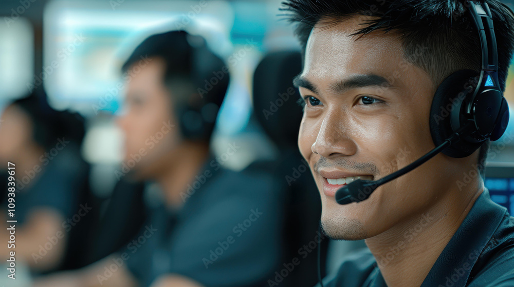 Friendly technical support operator ready to assist customers with a smile in a busy call center environment. Friendly technical support operator ready to assist customers with a smile in a busy call center environment.