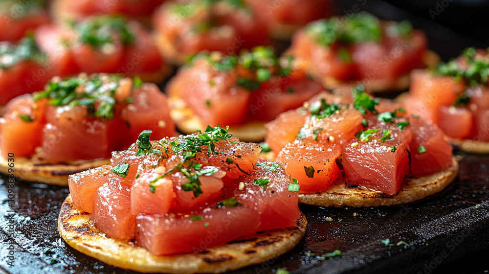 tuna tostadas served in a cozy, blurred setting, evoking warmth, freshness, and a welcoming dining atmosphere, perfect for casual yet elegant gatherings tuna tostadas served in a cozy, blurred setting, evoking warmth, freshness, and a welcoming dining atmosphere, perfect for casual yet elegant gatherings