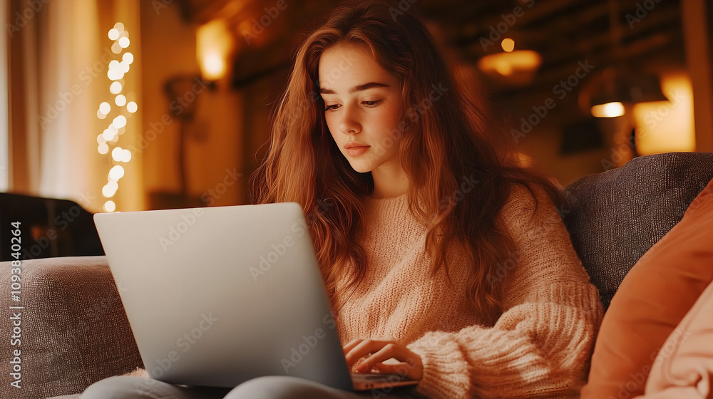 A young woman smiling while using a laptop and enjoying coffee in a cafe A young woman smiling while using a laptop and enjoying coffee in a cafe