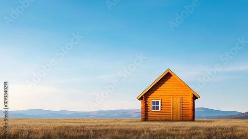 Yellow wooden cabin in open field