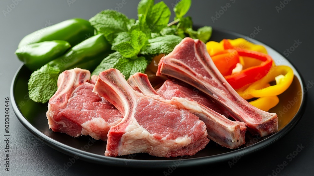 Fresh Raw Lamb Chops with Colorful Bell Peppers and Mint Leaves on a Black Plate Ready for Cooking and Grilling in a Kitchen Setting Fresh Raw Lamb Chops with Colorful Bell Peppers and Mint Leaves on a Black Plate Ready for Cooking and Grilling in a Kitchen Setting