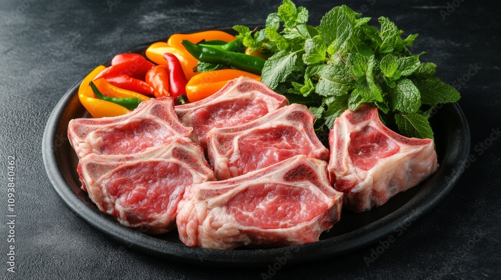 Fresh Raw Lamb Chops Surrounded by Colorful Bell Peppers and Fresh Mint Leaves on a Rustic Plate for Culinary Presentation and Cooking Ideas Fresh Raw Lamb Chops Surrounded by Colorful Bell Peppers and Fresh Mint Leaves on a Rustic Plate for Culinary Presentation and Cooking Ideas