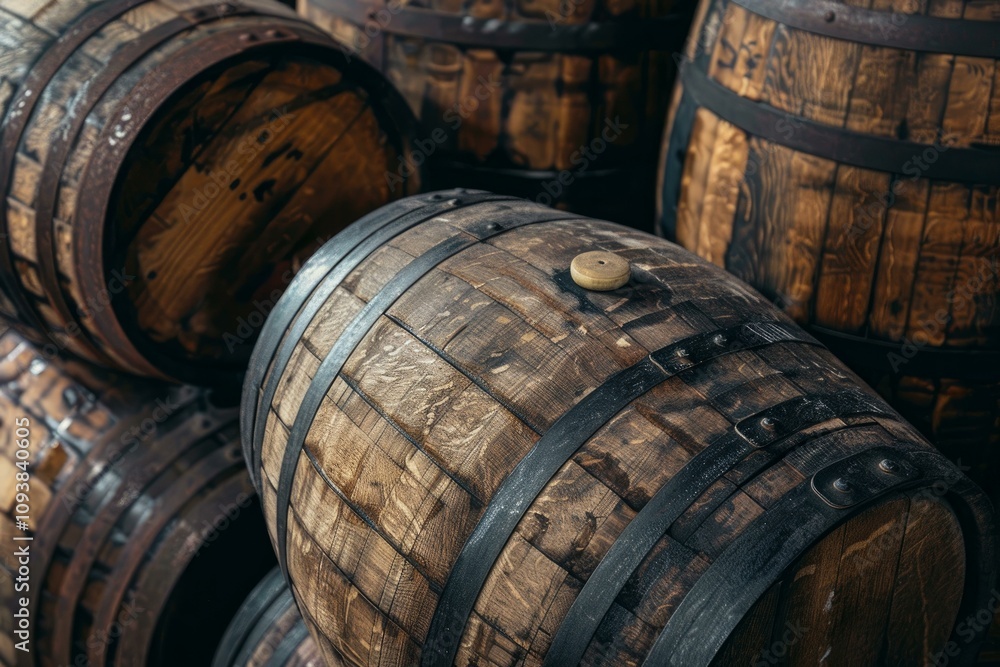 Wine or whiskey aging in oak barrels stacked in rows inside a cellar of distillery or winery Wine or whiskey aging in oak barrels stacked in rows inside a cellar of distillery or winery