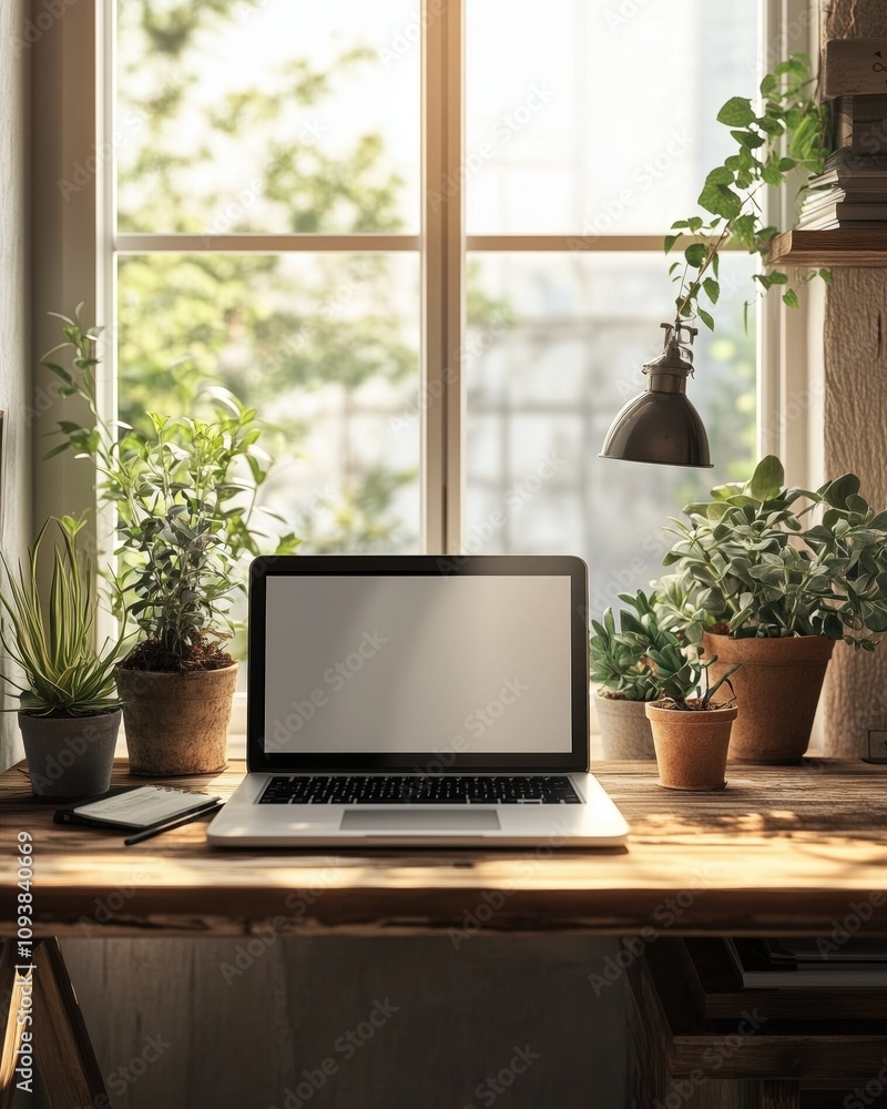 A modern workspace with a blank screen laptop on a minimalist desk, surrounded by potted succulents and soft natural light streaming through a nearby window A modern workspace with a blank screen laptop on a minimalist desk, surrounded by potted succulents and soft natural light streaming through a nearby window