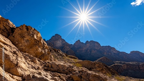 Mountain landscape under intense midday sun, highlighting rugged textures, mountain landscape, adventure and grandeur photo