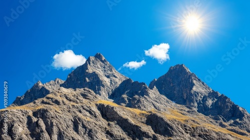 Mountain landscape under intense midday sun, highlighting rugged textures, mountain landscape, adventure and grandeur