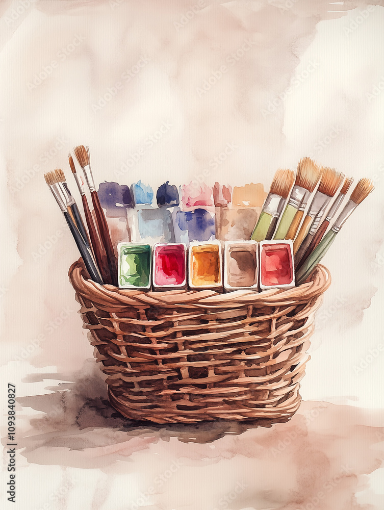 Obraz premium A Basket Containing a Set of Watercolors on a Dusty Rose Background Revisited