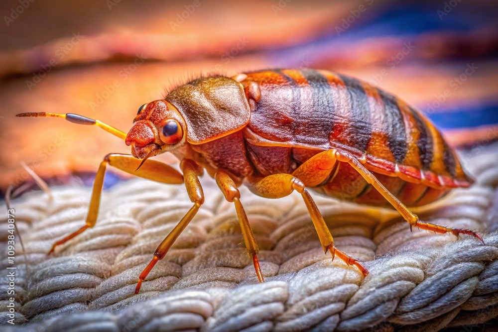 Naklejka premium Close-Up of Cimex Hemipterus Bed Bug on Bed Surface, Highlighting Intricate Details and Textures for Educational and Informational Use in Pest Control and Entomology Studies