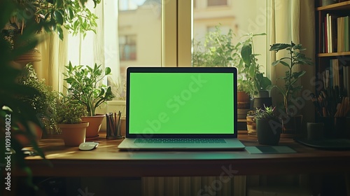 Streamlined Video Editing, a clean desk with a laptop showing a blank green screen, a mouse, and a small potted plant, all framed symmetrically in natural lighting