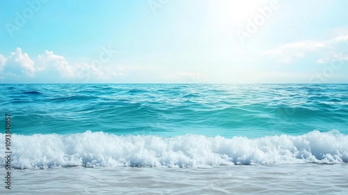 Ocean waves with sunlight casting a soft glow, enhancing the blue-green tones of the water, ocean sunlight, calm energy