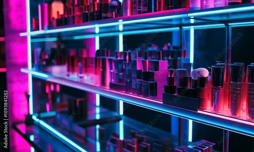 cosmetic products on the shelves in a neon room.