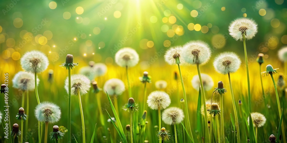 Close-Up of Dandelion Blossoms in a Lush Green Grass Field with Clear Copy Space for Nature-Themed Designs and Backgrounds Close-Up of Dandelion Blossoms in a Lush Green Grass Field with Clear Copy Space for Nature-Themed Designs and Backgrounds