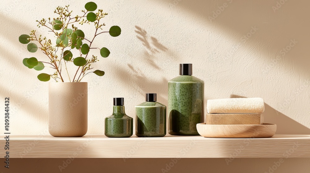 Eco-conscious product display, leaf accents and earthy tones Eco-conscious product display, leaf accents and earthy tones