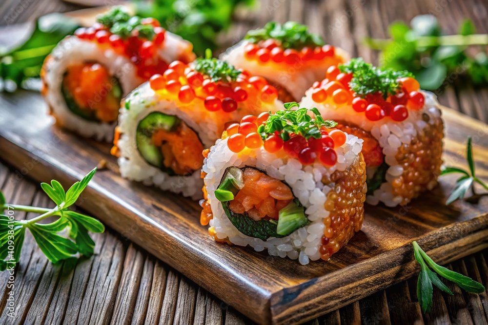 Close-Up of Exquisite Sushi Rolls on a Wooden Board with Salmon Roe and Fresh Herbs, Showcasing the Artistry of Japanese Cuisine in Vertical Format Close-Up of Exquisite Sushi Rolls on a Wooden Board with Salmon Roe and Fresh Herbs, Showcasing the Artistry of Japanese Cuisine in Vertical Format