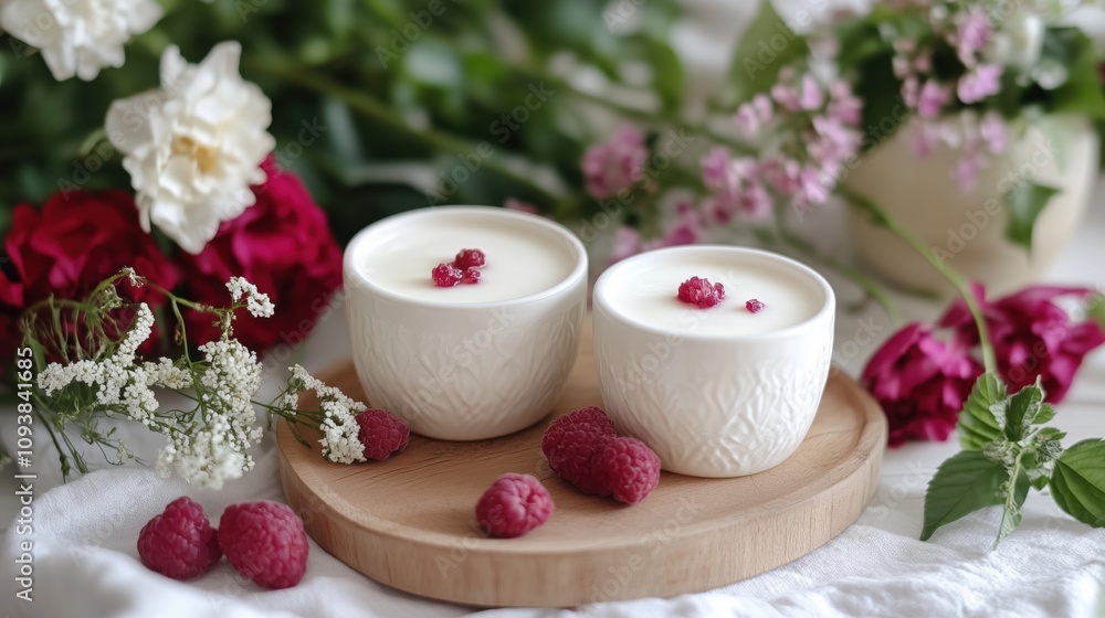 Wholesome Cooking Techniques showing natural yogurt making with milk , Raspberry yogurt dessert in ceramic cups, creamy raspberry yogurt with fresh berries, homemade raspberry yogurt with floral decor Wholesome Cooking Techniques showing natural yogurt making with milk , Raspberry yogurt dessert in ceramic cups, creamy raspberry yogurt with fresh berries, homemade raspberry yogurt with floral decor